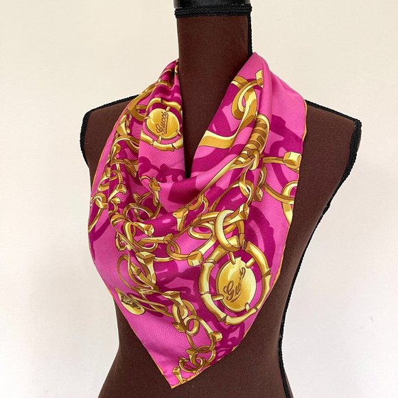 Gucci Logo Chains Hot Pink Gold Silk Twill Scarf with Gift Gucci Box - Picture 10 of 14